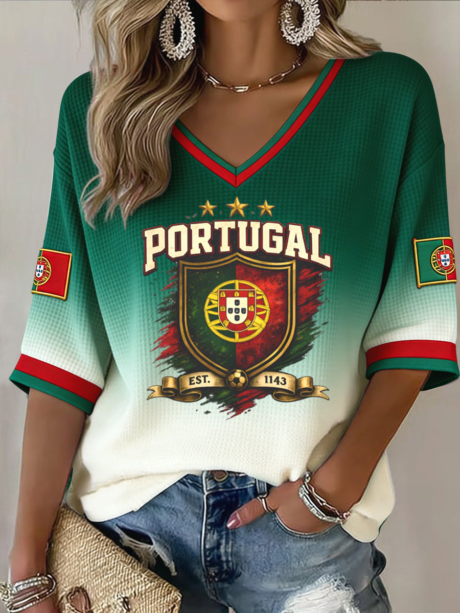 Gradiente de futebol português retrô feminino Casual Waffle-Weave Top