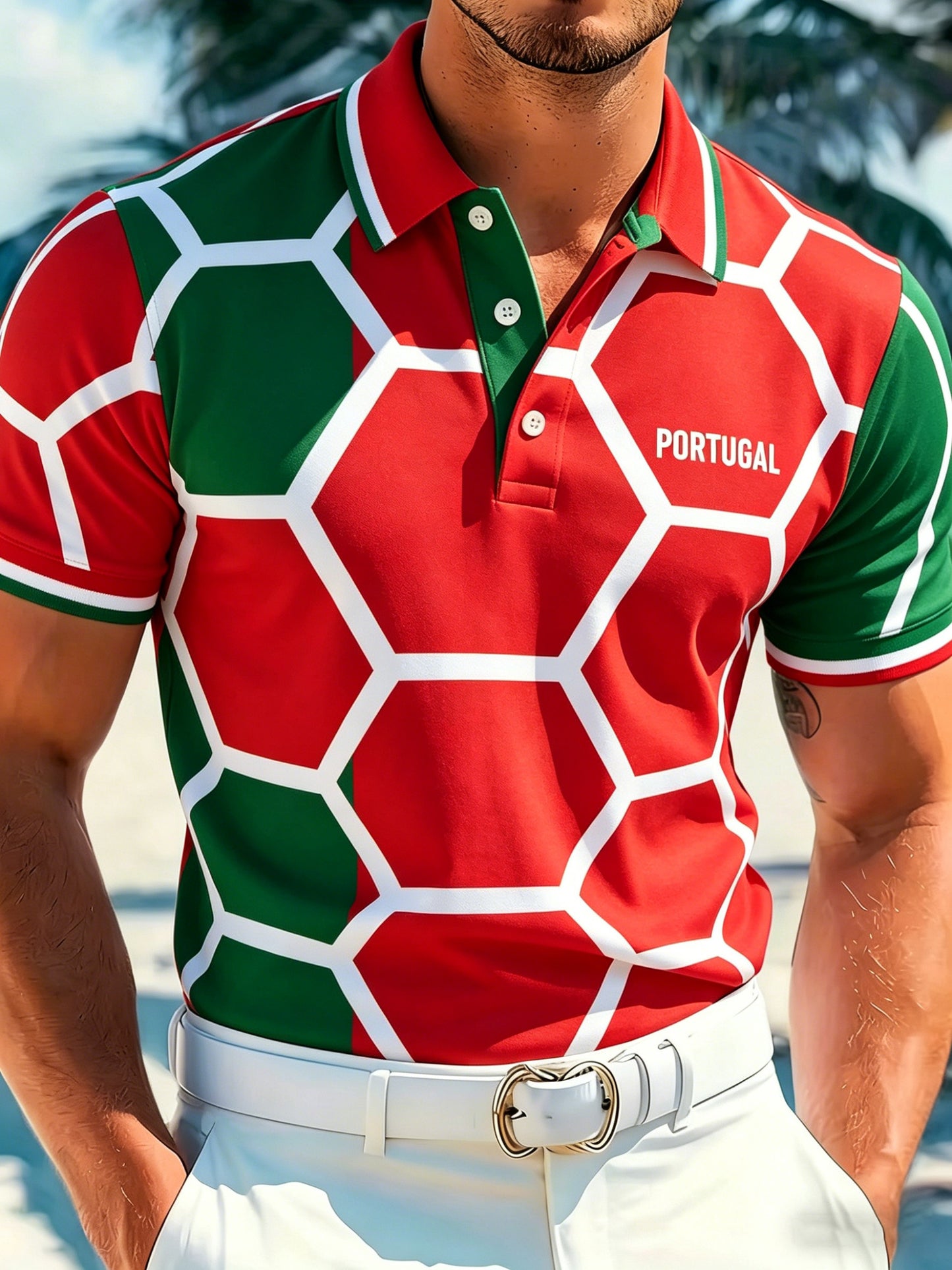 Camisa polo com estampa artística de torcida em partida de futebol português masculino