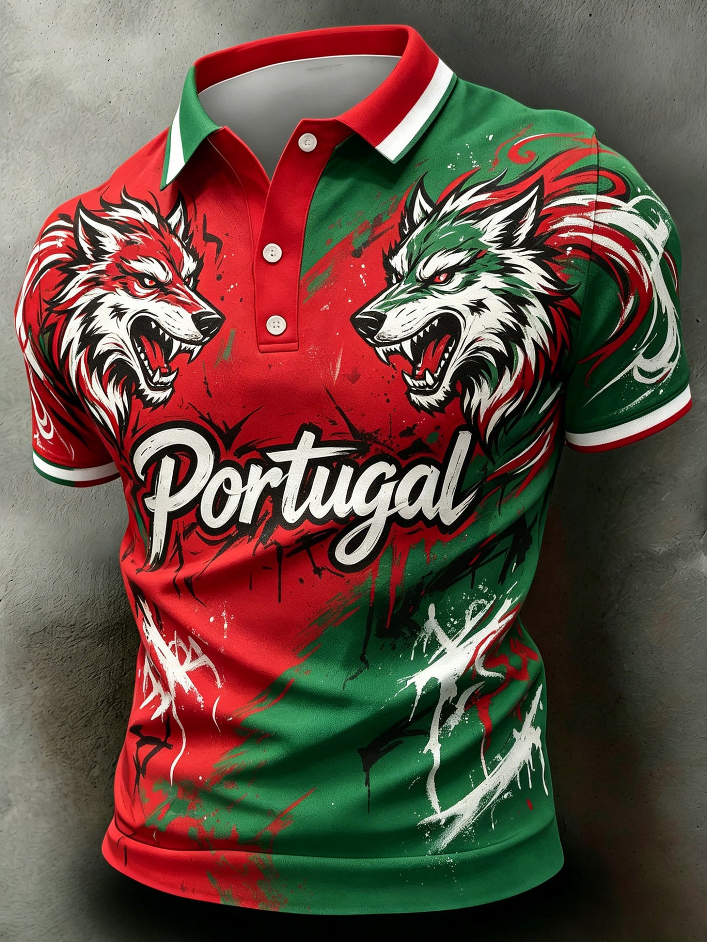 Camisa polo de fã com estampa artística de partida de futebol de Portugal para homens