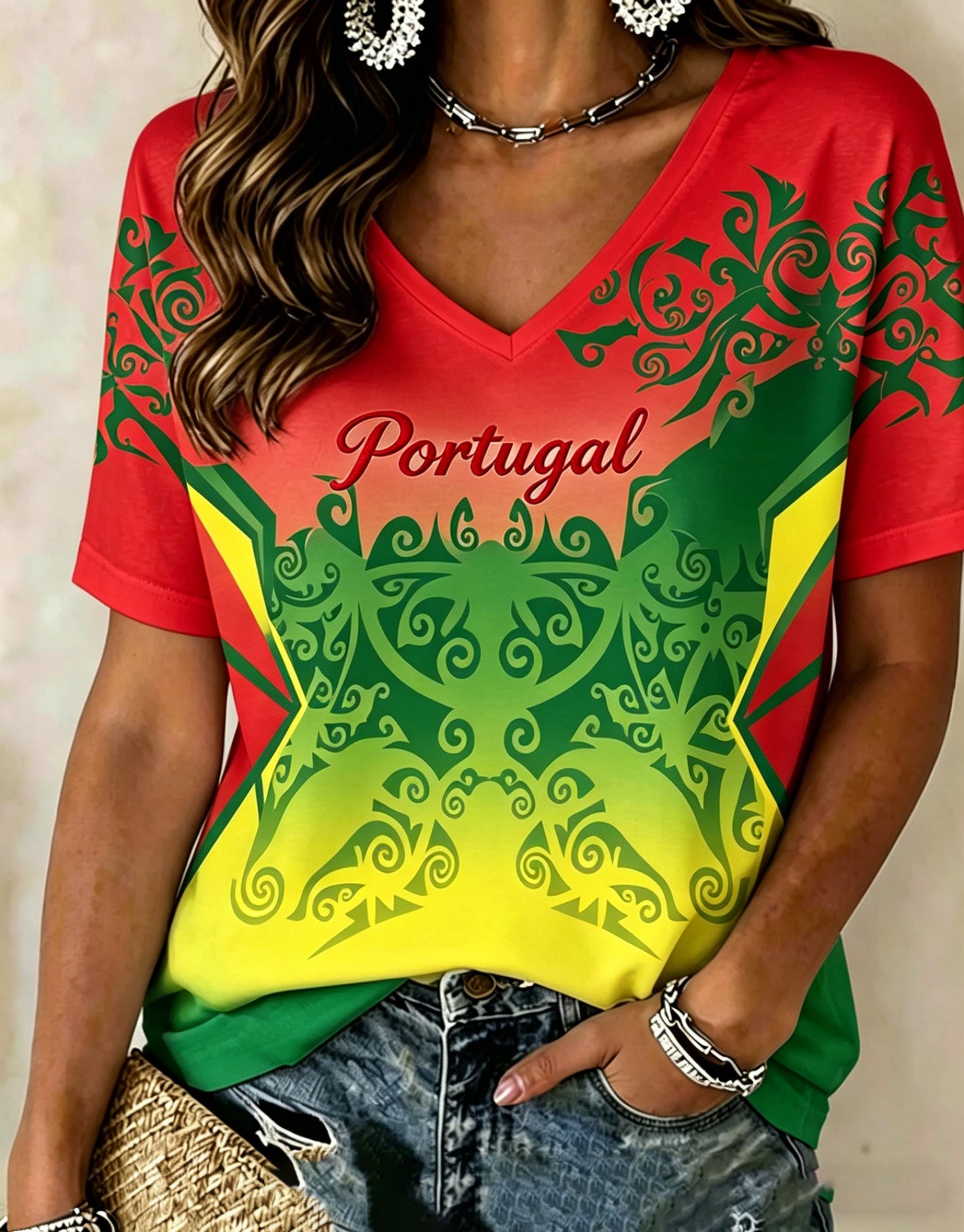 Camiseta com Arte Impressa de Partida de Futebol Feminino de Portugal