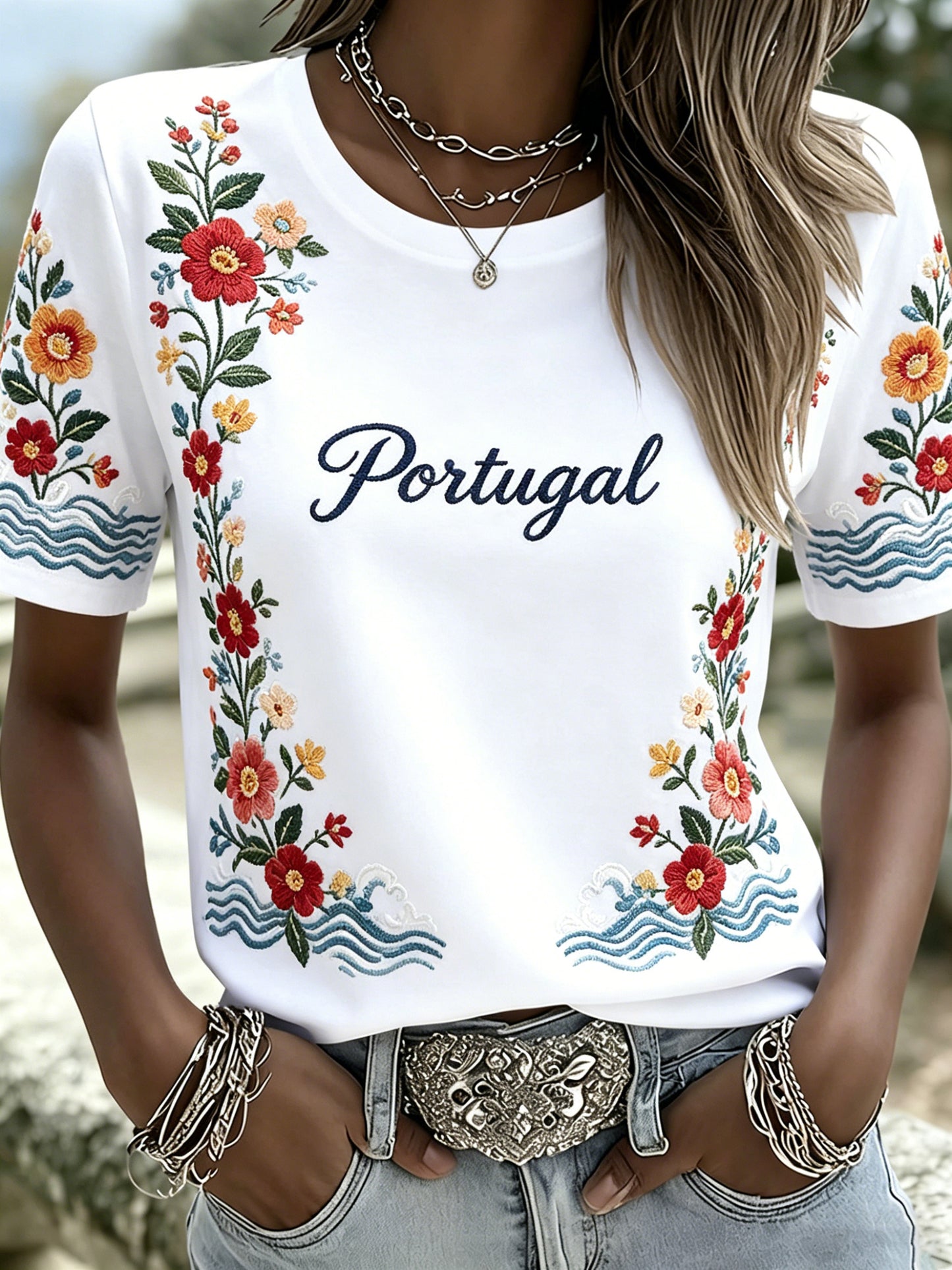 Camiseta com estampa artística de torcida em partida de futebol feminino de Portugal