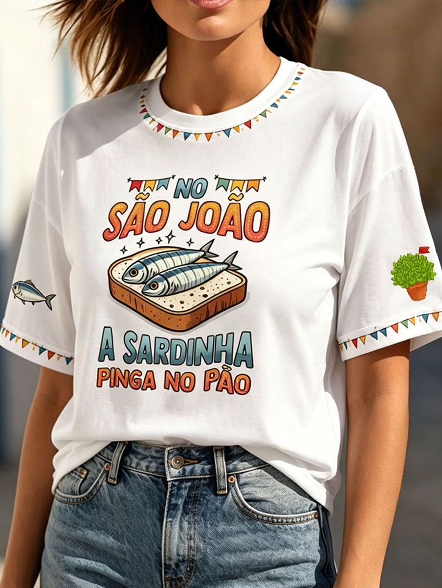 T-shirt feminina Santos Populares com estampa artística de sardinha