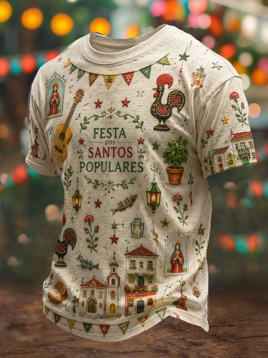 T-shirt masculina com estampa artística dos Santos Populares