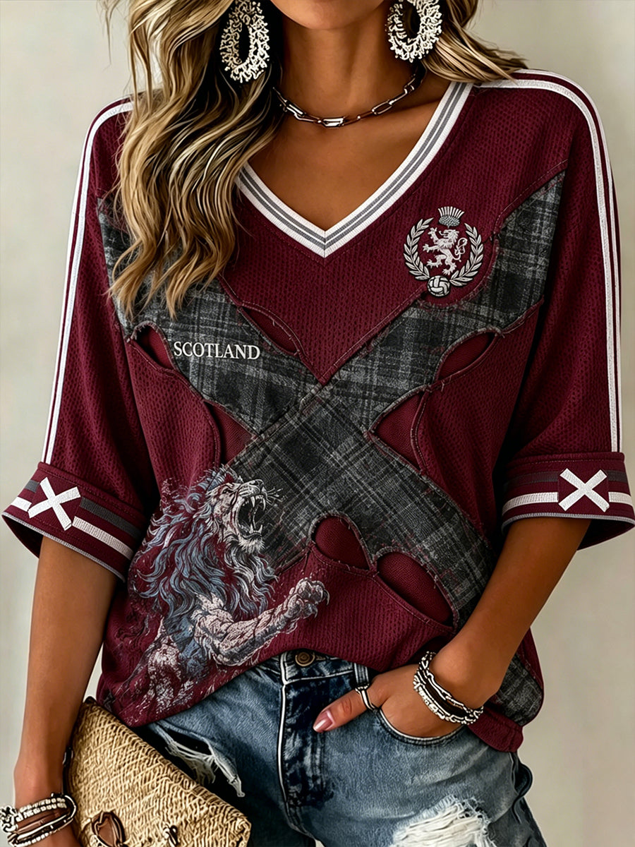Women's Scotland Football Pattern Linen V-Neck Shirt