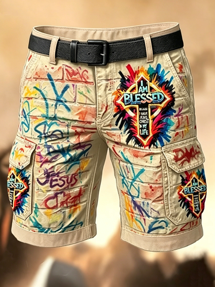 Men's Retro Vacation Business Graffiti Faith Jesus Art Print Casual Shorts