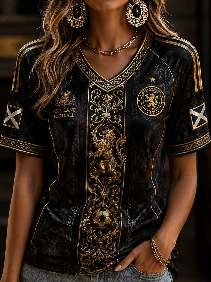 Women's Scotland Football V-Neck Off-Shoulder Short-Sleeved T-Shirt