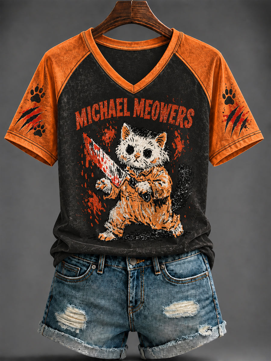 Women's Halloween Cute Cat Printed V-neck T-shirt