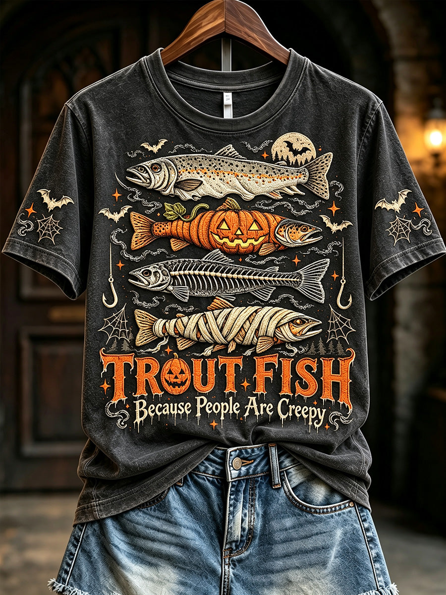 Women's Vintage Halloween Trout Fish Bulldogs Because People Are Creepy Print Short-sleeved T-shirt