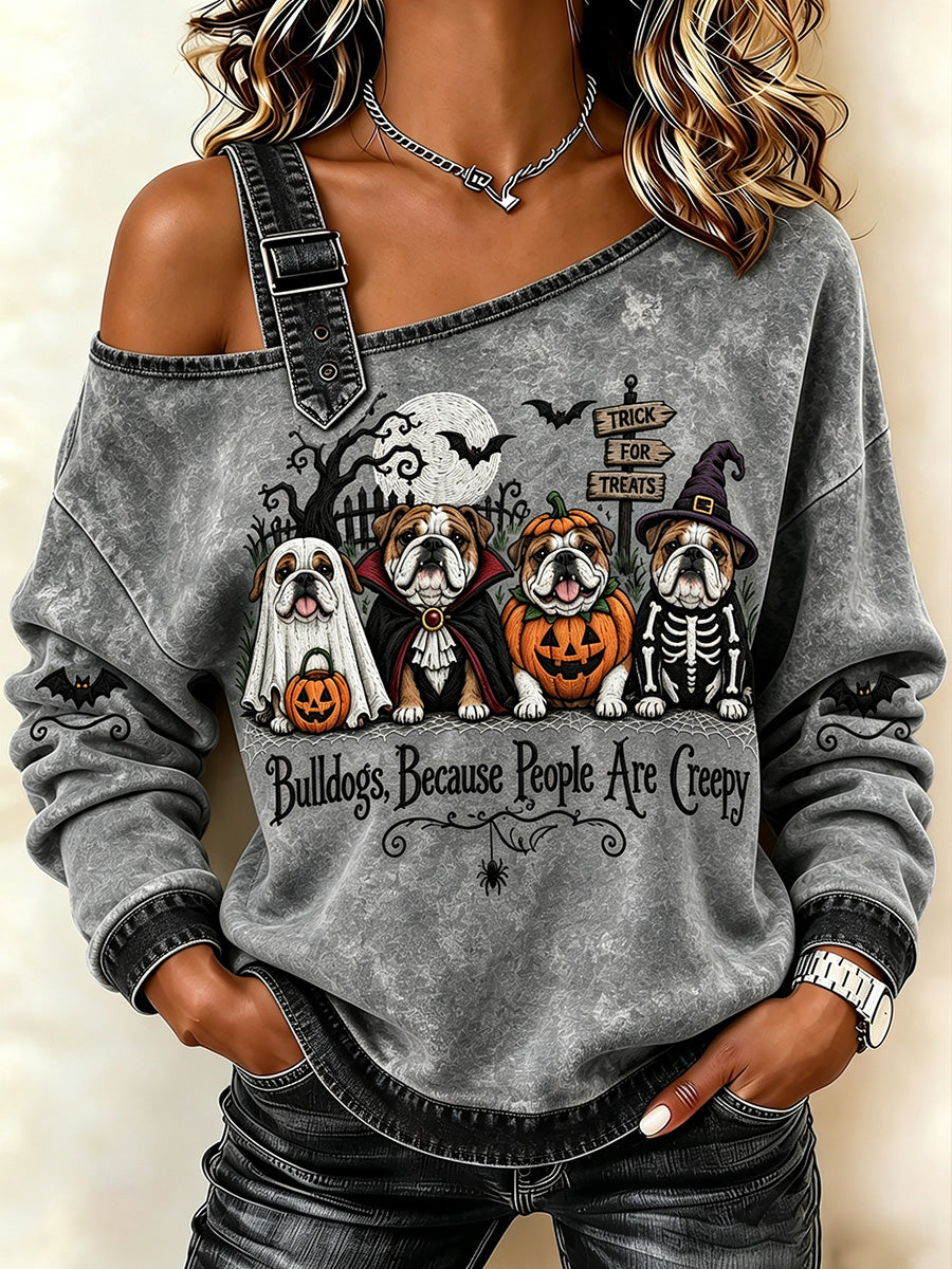 Women's Vintage Halloween Bulldogs Because People Are Creepy Print Off-Shoulder Sweatshirt