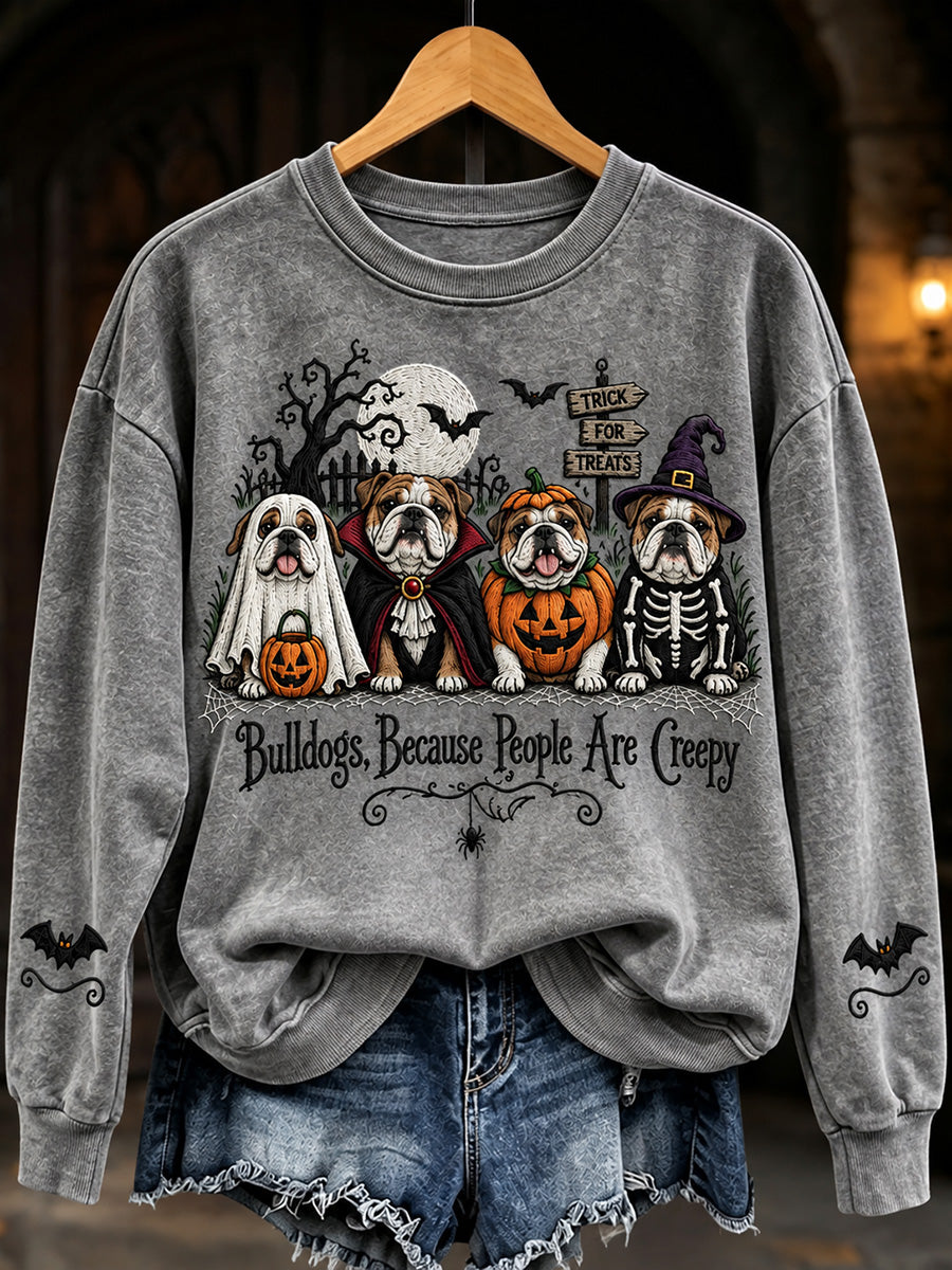 Women's Vintage Halloween Bulldogs Because People Are Creepy Print Cozy Sweatshirt