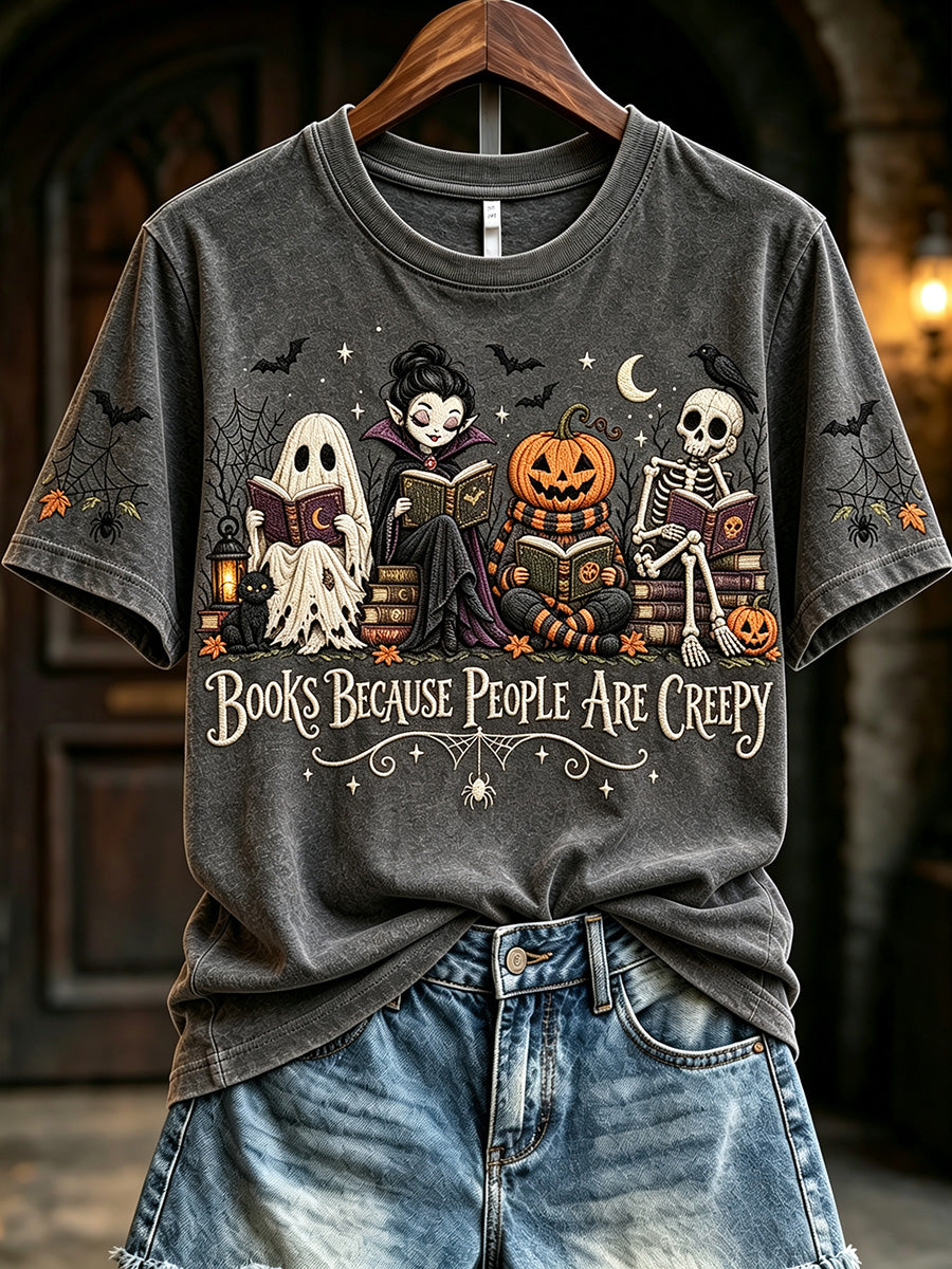 Women's Vintage Halloween Books Because People Are Creepy Print Short-sleeved T-shirt