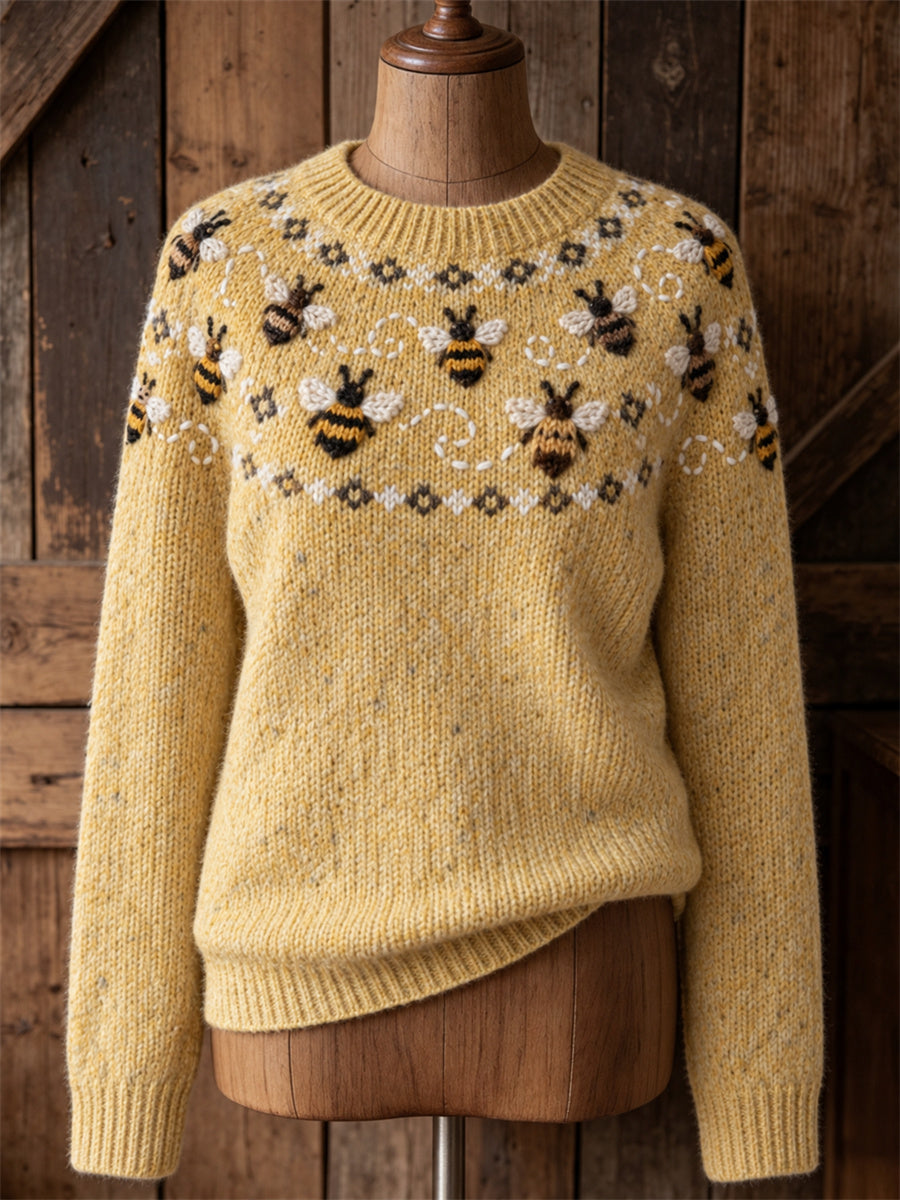 Women's Vintage Flying Bees Yoke Isle Print crew neck sweater