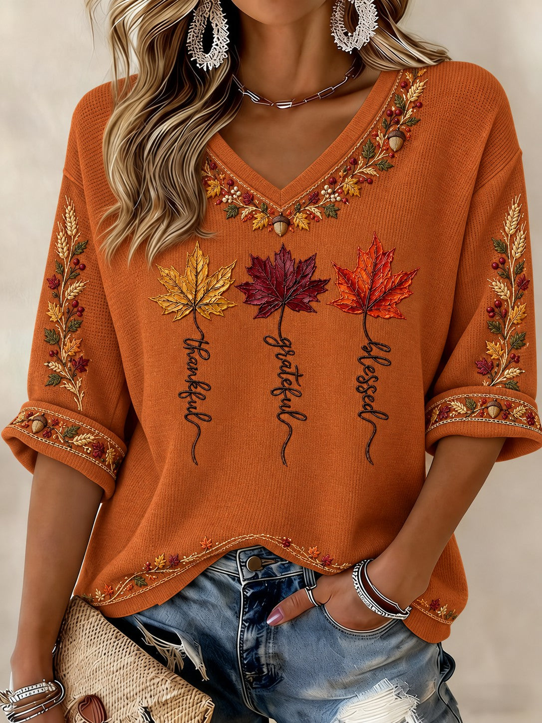 Women's Happy Thanksgiving Printed Mid-length Sleeves V-Neck T-shirt