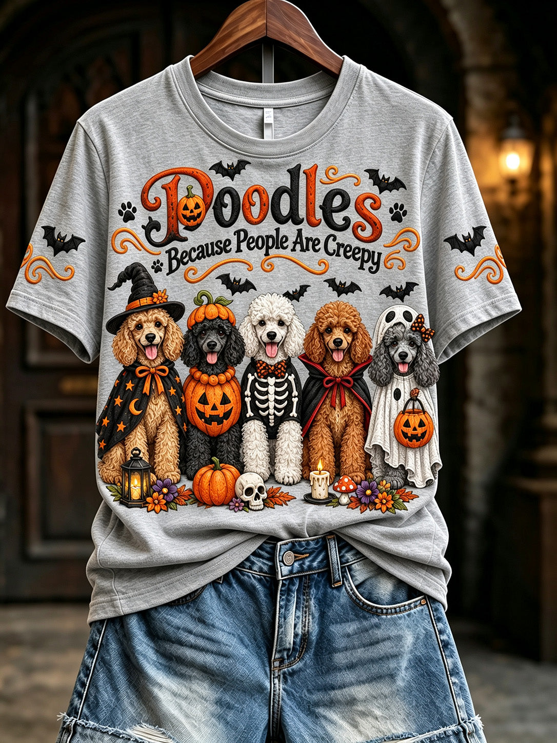 Women's Vintage Poodles Because People Are Creepy Halloween Print Short-sleeved T-shirt