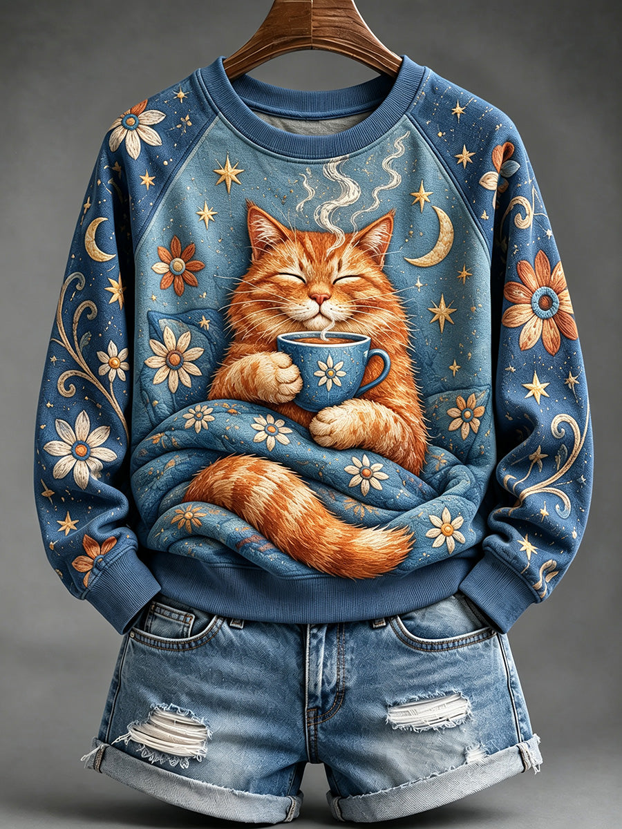 Women's Vintage Cozy Cat with Hot Drink Print Raglan Sleeve Sweatshirt