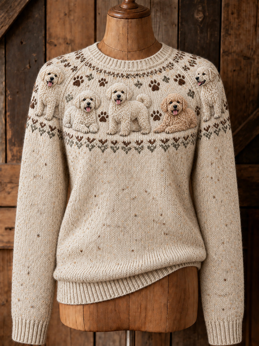 Women's Vintage Cute Dogs Yoke Isle Print Long-sleeved Sweater