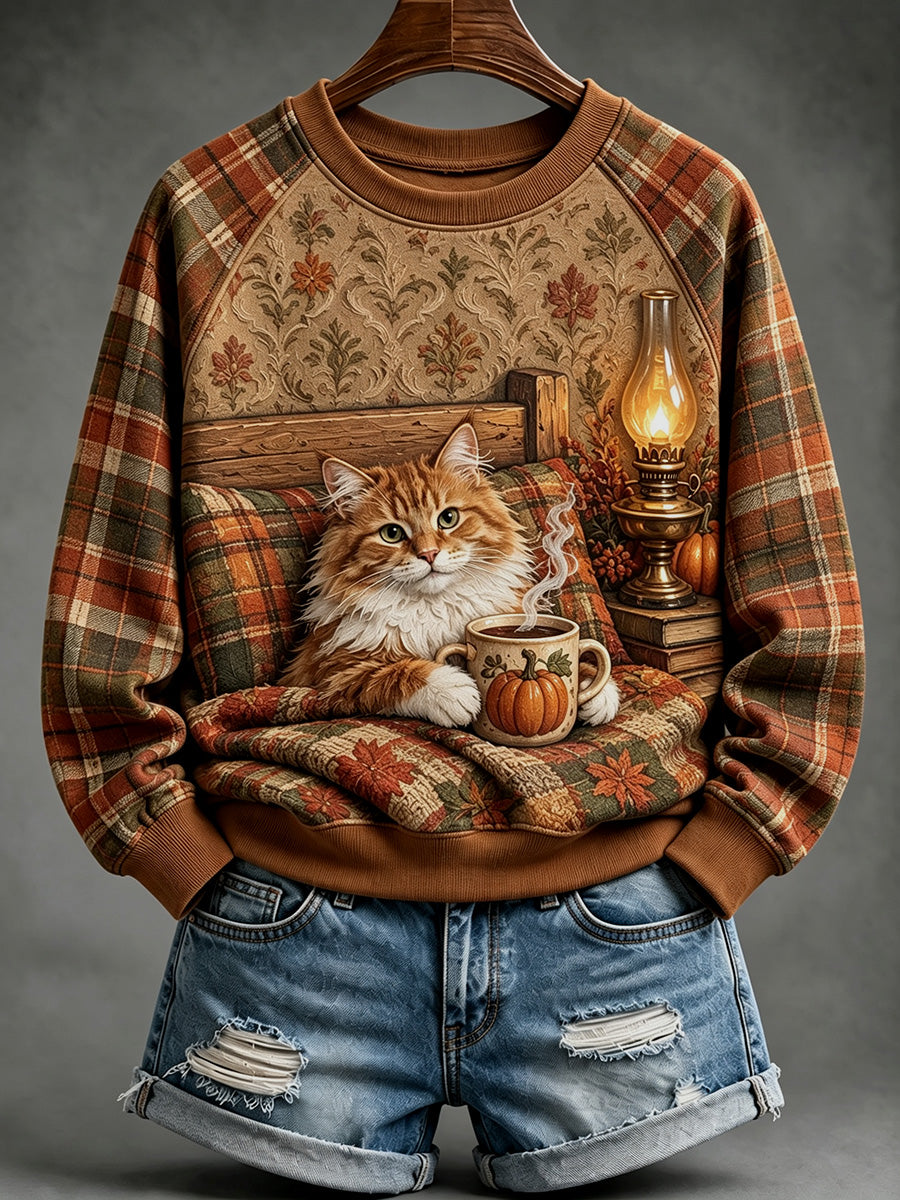 Women's Vintage Cozy Cat with Hot Drink Print Raglan Sleeve Sweatshirt