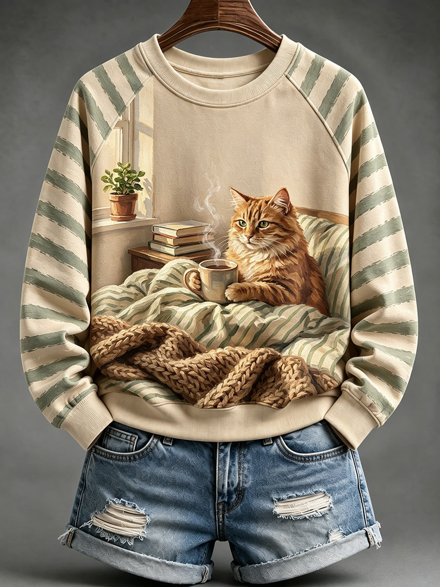 Women's Vintage Cozy Ginger Cat With Morning Coffee Print Raglan Sleeve Sweatshirt