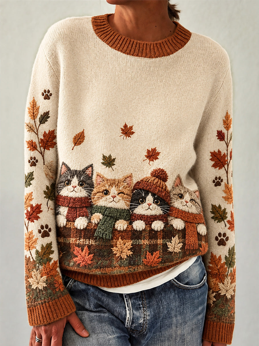 Women's Cute Cats In Autumn And Winter Print Long-sleeved Sweater