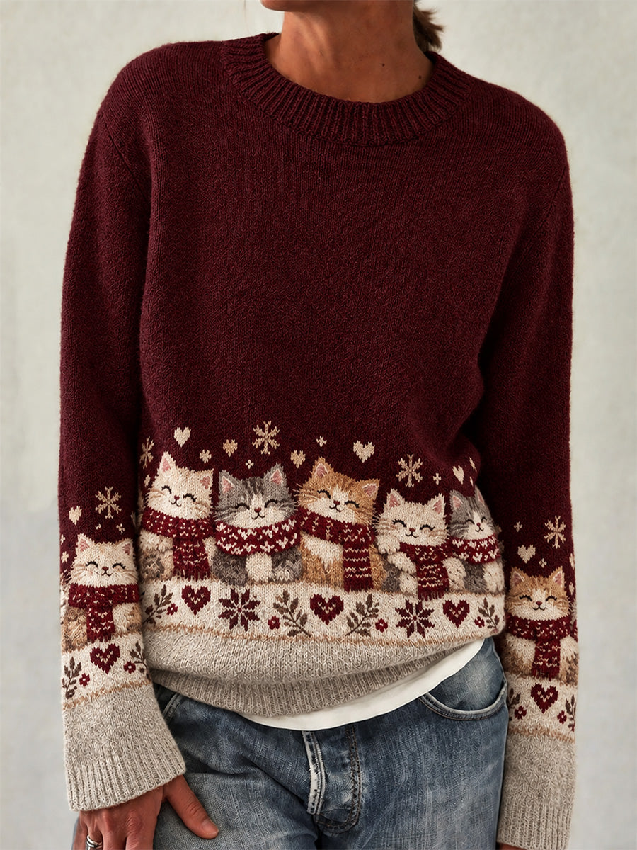 Women's Cute Cats In Autumn And Winter Print Long-sleeved Sweater