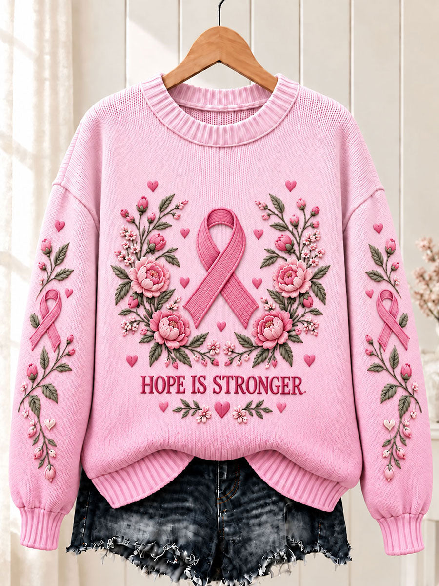 Women's Breast Cancer Pink Ribbon Flower Crew Neck Sweater