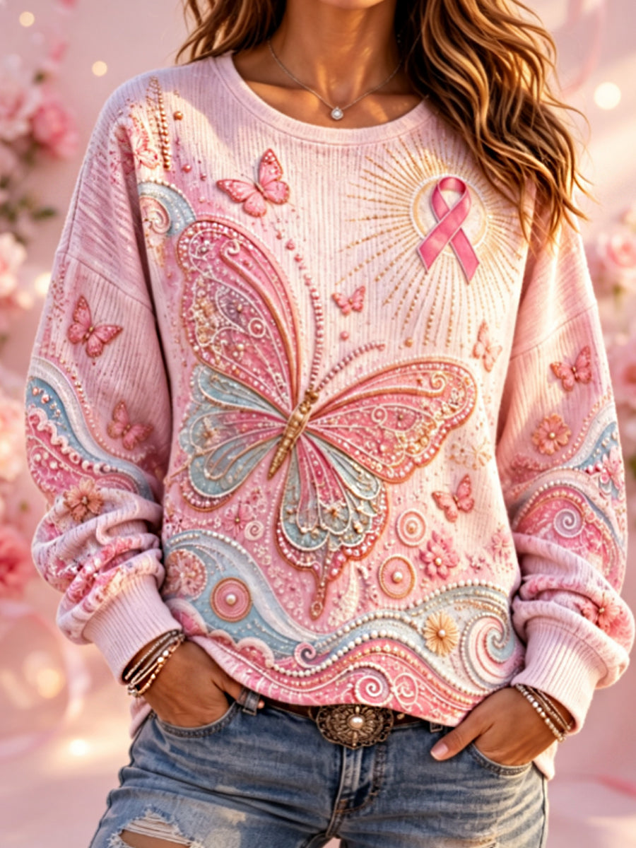 Women's Breast cancer awareness floral embroidery art Ribbed Round-Neck Sweatshirt