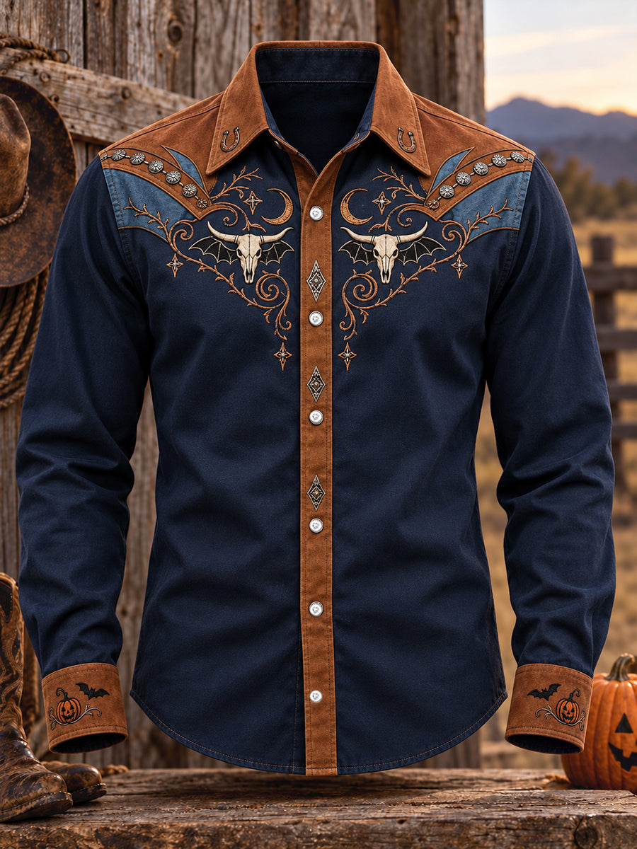 Men's Western Halloween Art Horses Cows Printed Shirt