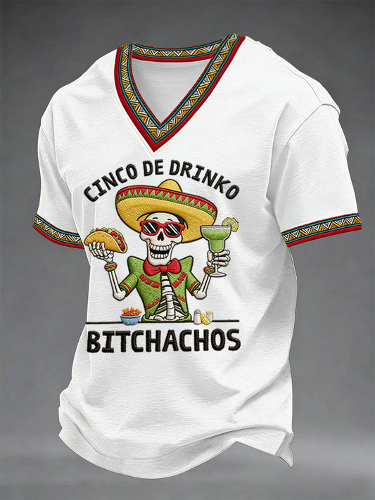 Men's Funny Cinco De Mayo Bitchachos Skull Print V-neck Tee