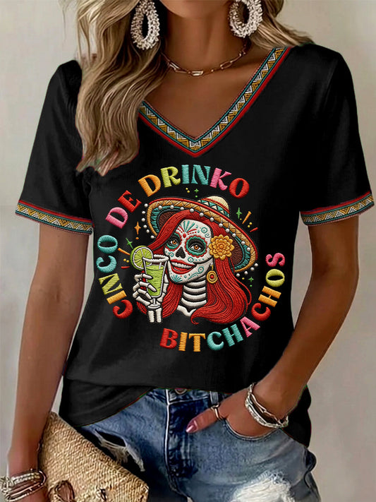 Women's Funny Cinco De Drinko Bitchachos Skeleton Print Casual V-Neck Tee
