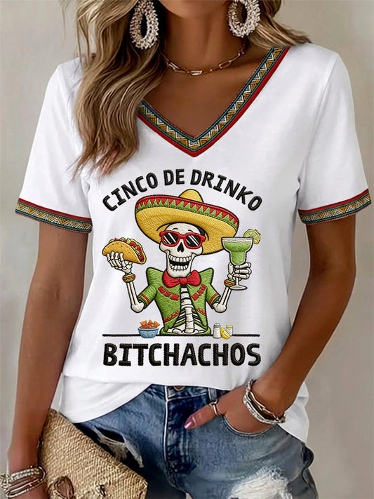 Women's Funny Cinco De Mayo Bitchachos Skull Print V-Neck Tee