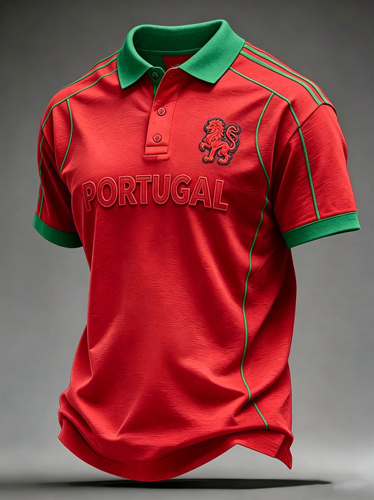 Camisa polo com estampa artística de partida de futebol português para homens