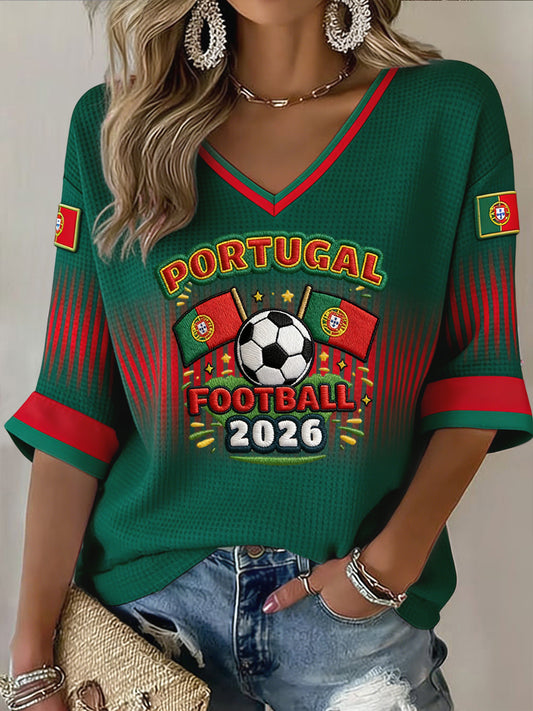Futebol português retrô feminino Casual Waffle-Weave Top