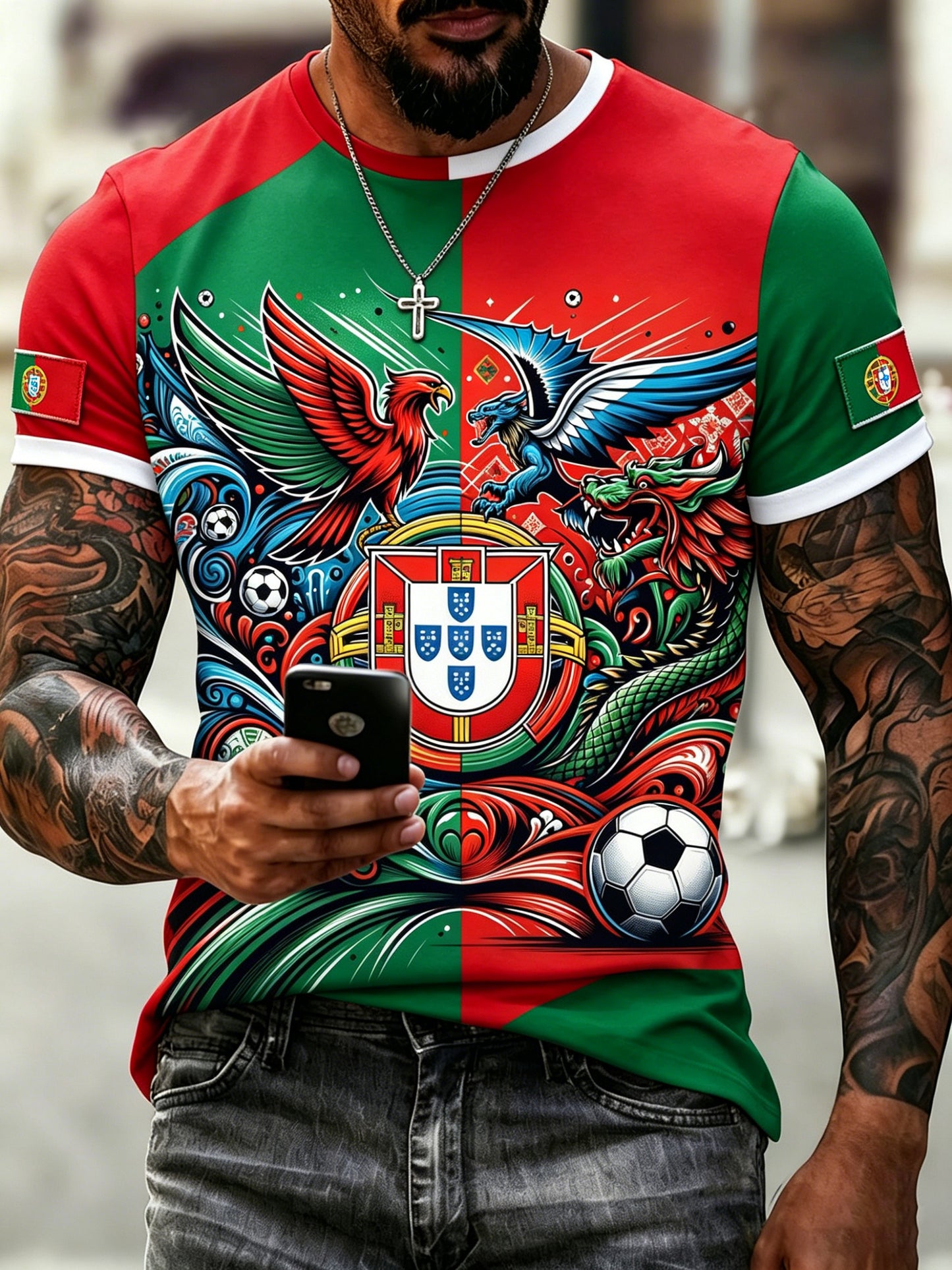 Camiseta com estampa artística para torcer nos jogos de futebol de Portugal – Masculina