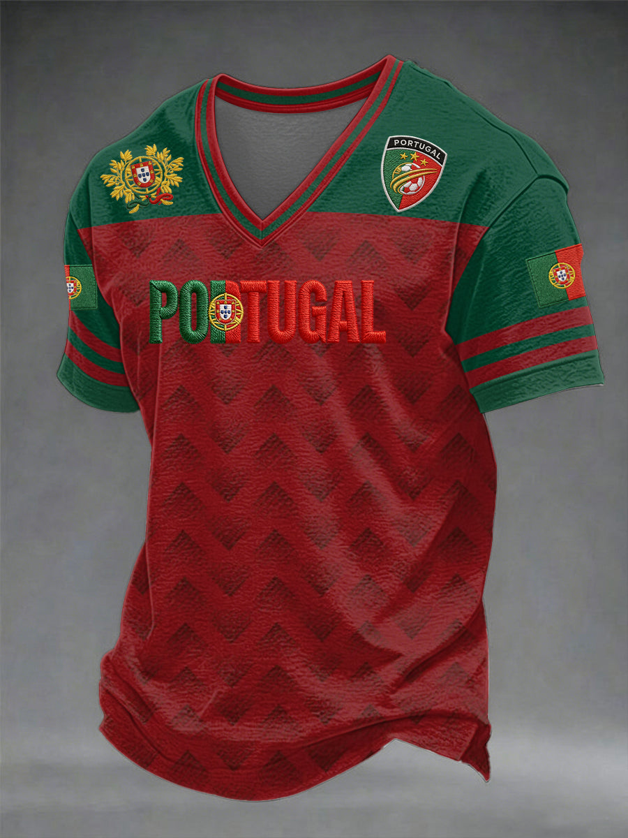 Camiseta masculina de futebol português com gola em V