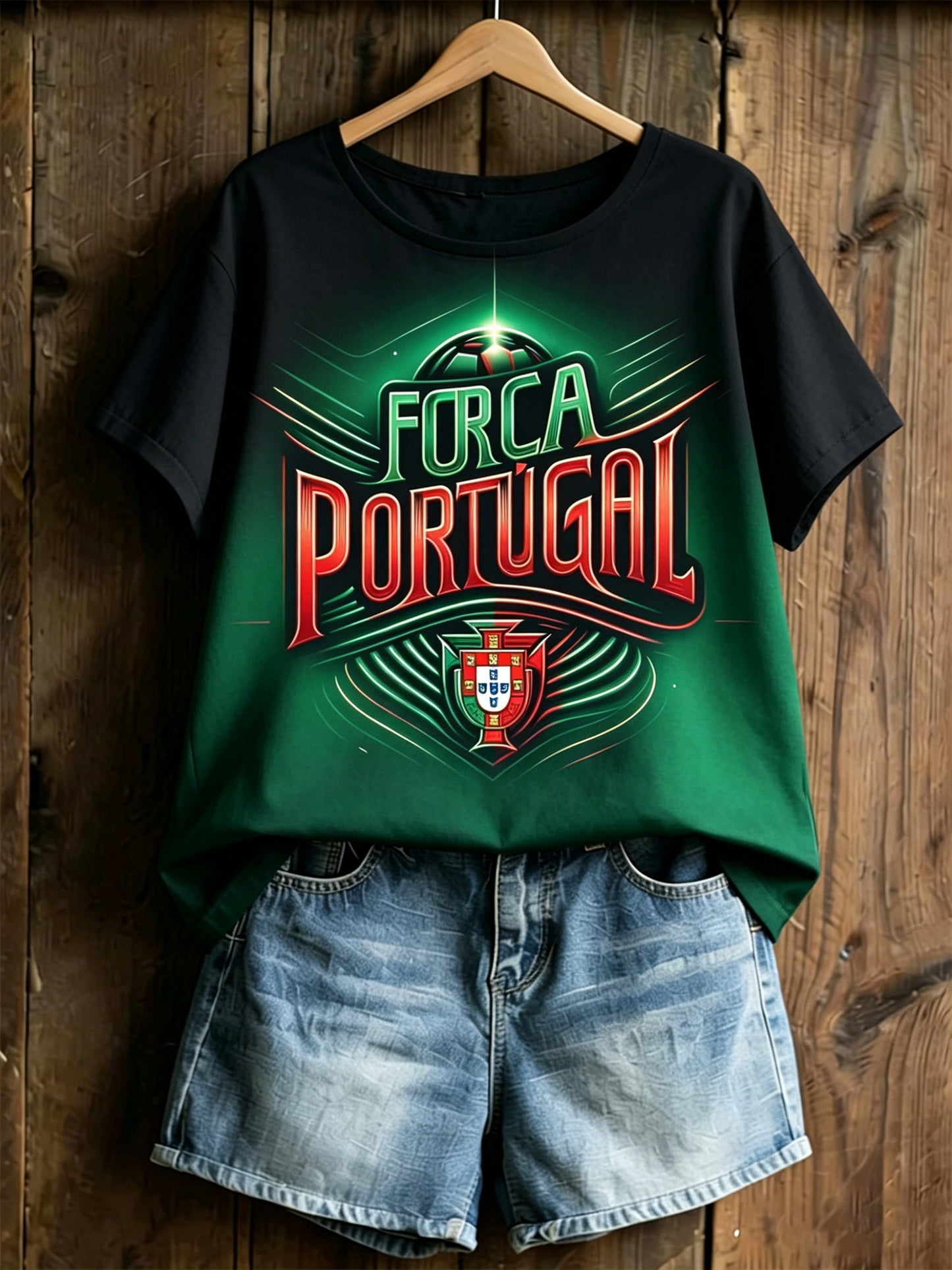 Camiseta com estampa artística de torcida em partida de futebol feminino de Portugal