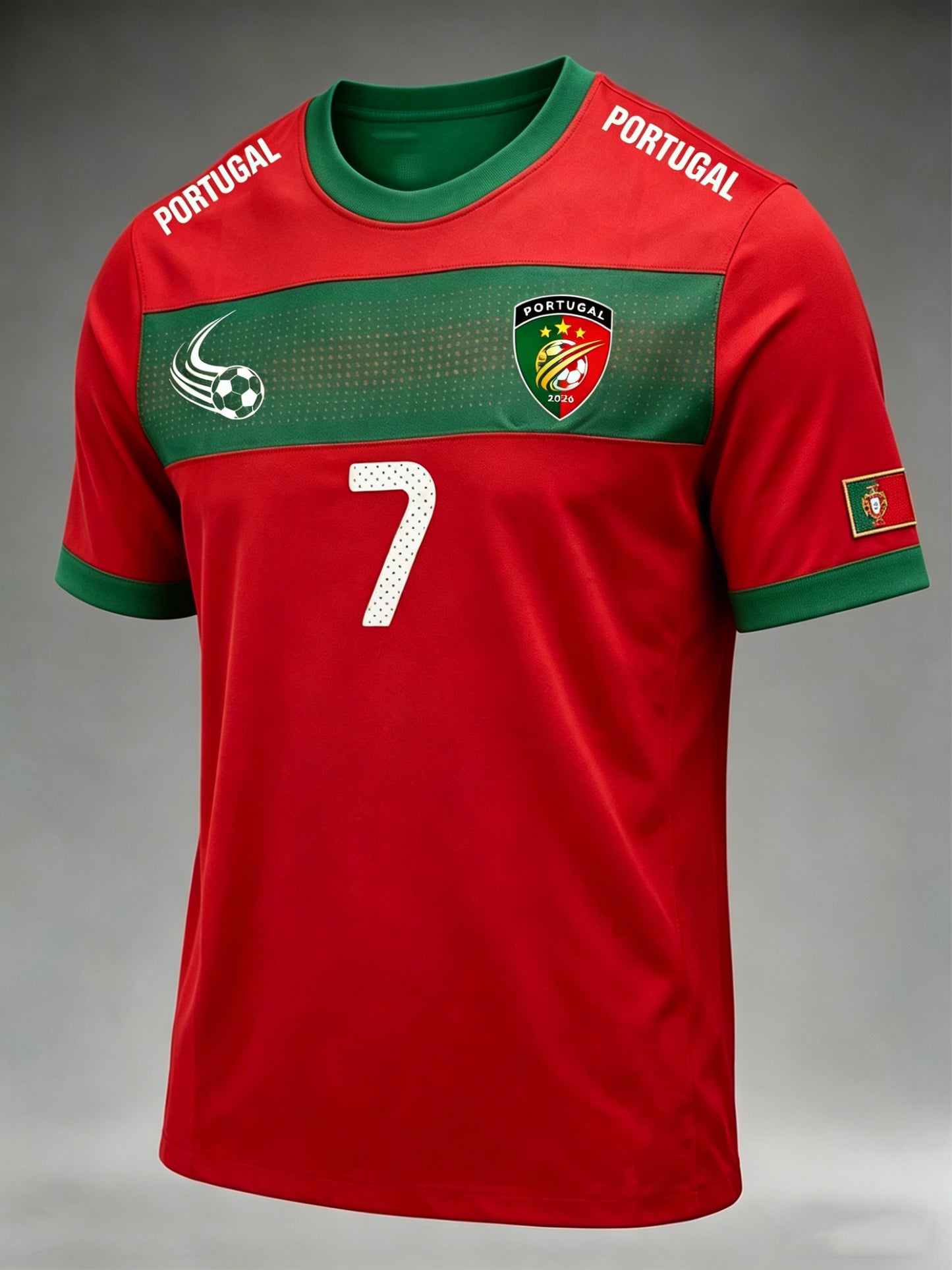 Camiseta masculina de gola redonda com blocos de cor, temática de futebol