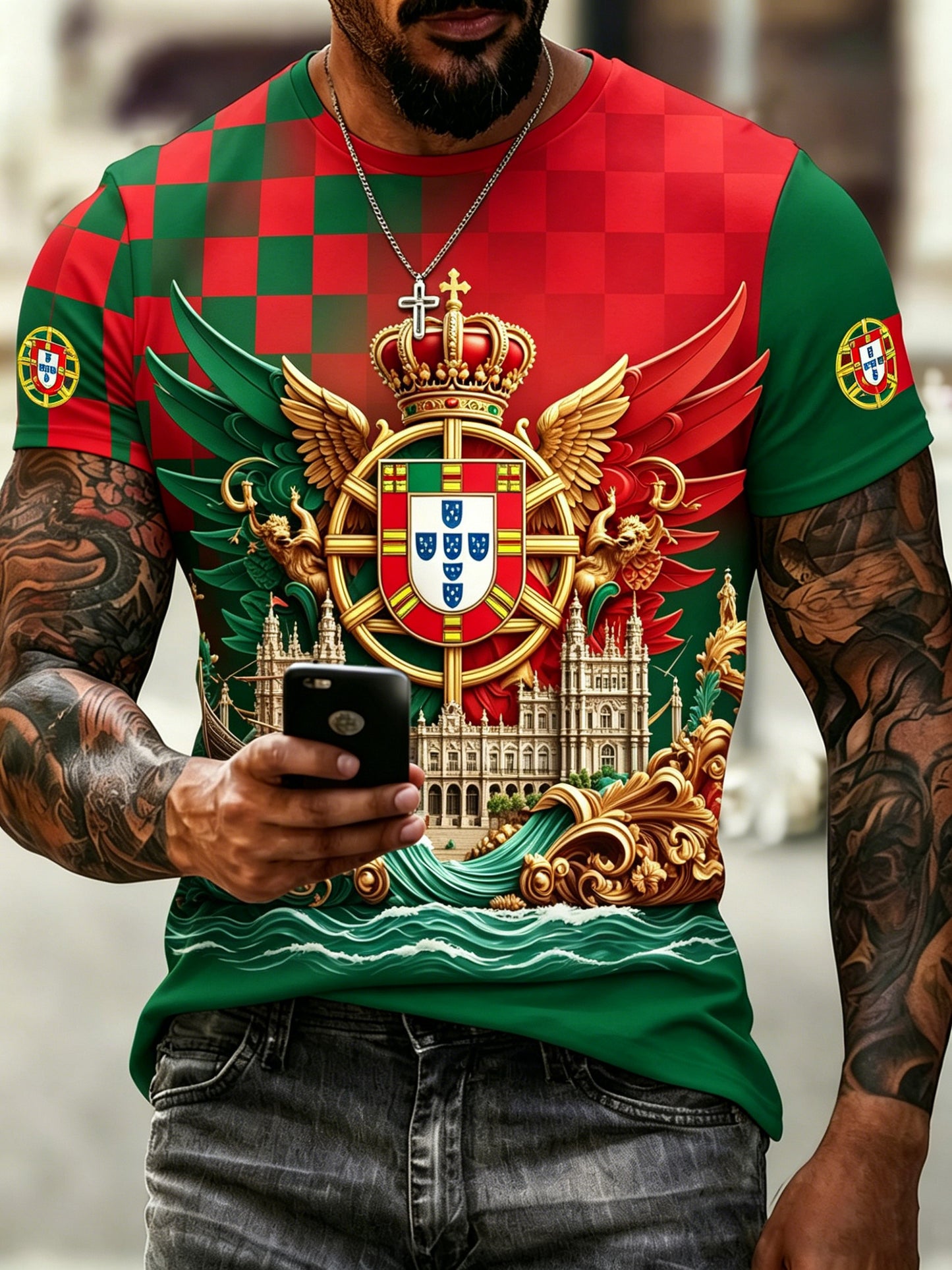 Camiseta com estampa artística para torcer nos jogos de futebol da seleção portuguesa