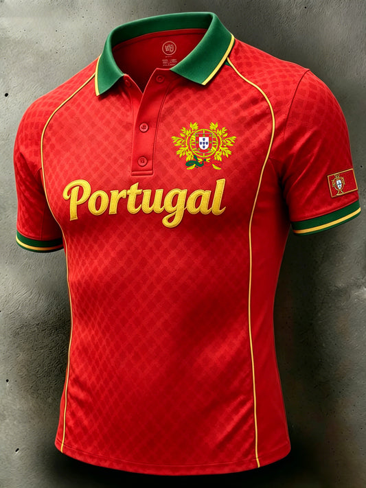 Camisa polo esportiva com estampa em blocos de cor, tema futebol, para homens
