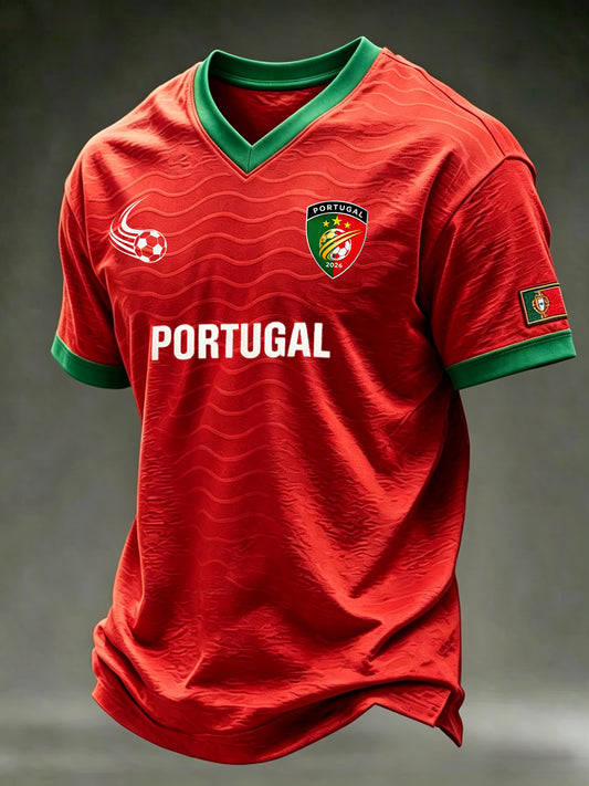 Camiseta masculina com tema de futebol, em blocos de cor, gola em V