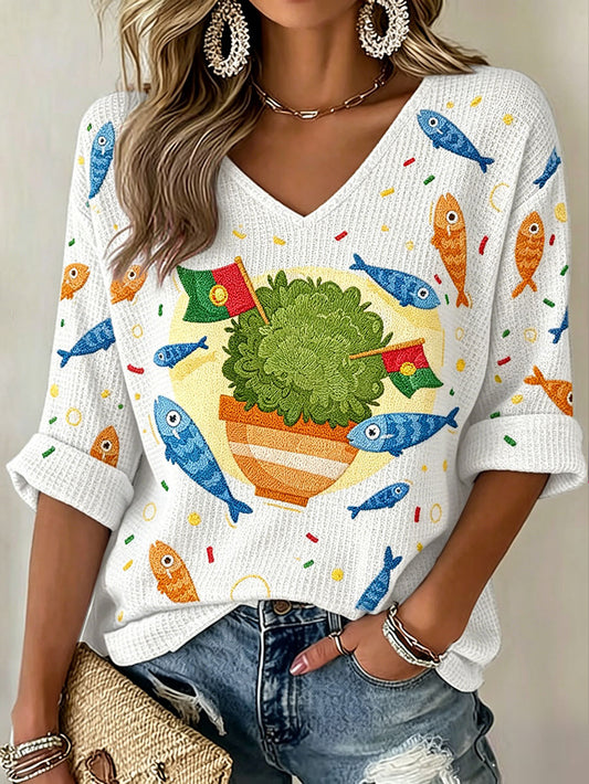 T-shirt em waffle com estampa artística de sardinha dos Santos Populares para mulheres