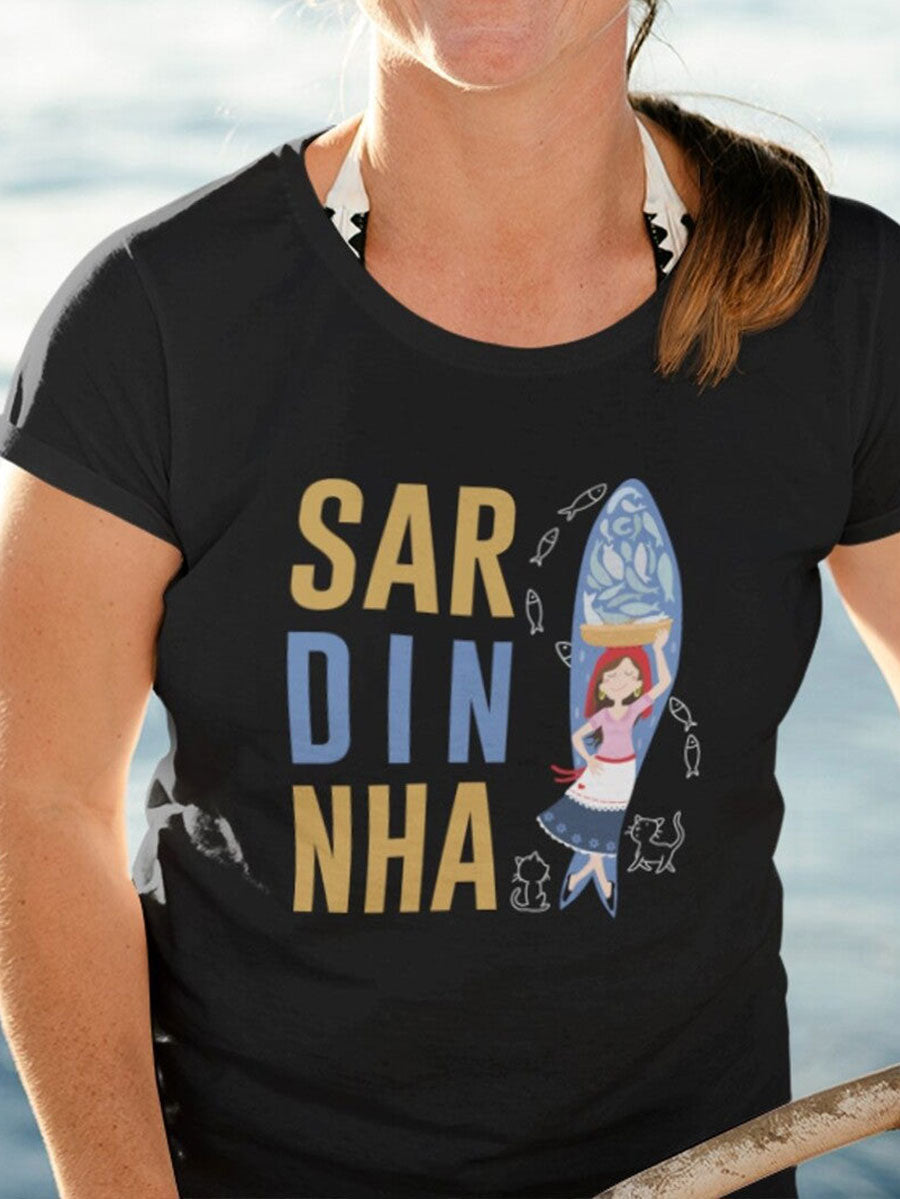 T-shirt em waffle com estampa artística de sardinha dos Santos Populares para mulheres
