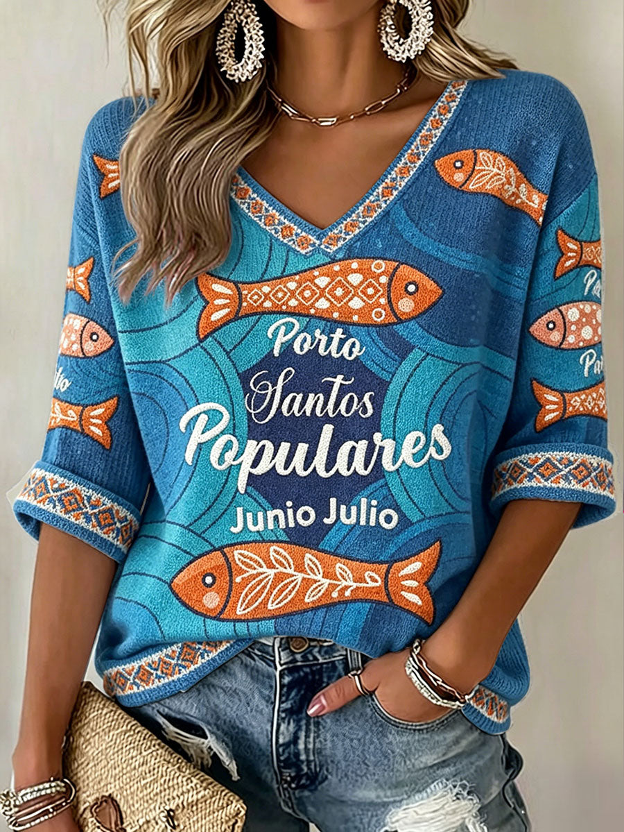 T-shirt feminina Santos Populares com estampa artística de sardinha
