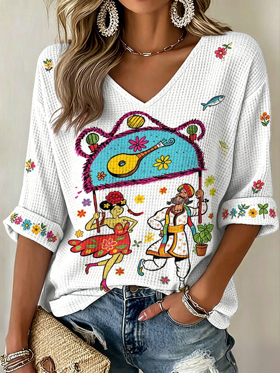 T-shirt em waffle com estampa artística de sardinha dos Santos Populares para mulheres