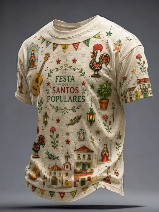 T-shirt masculina com estampa artística dos Santos Populares