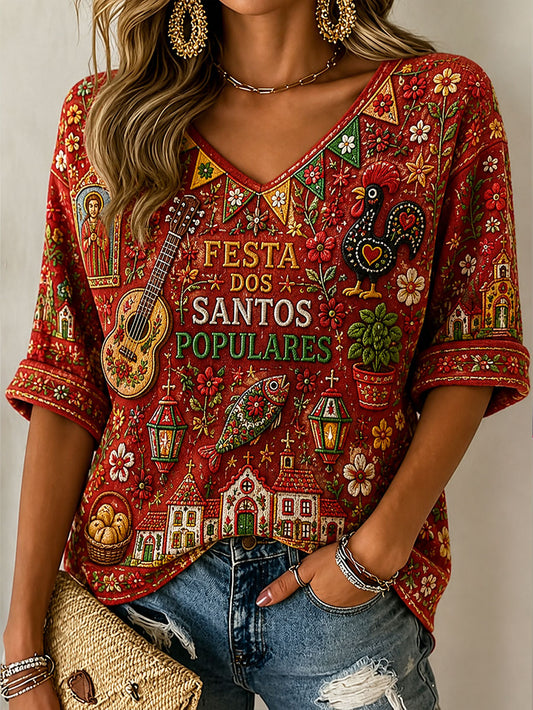 T-shirt feminina com estampa artística dos Santos Populares