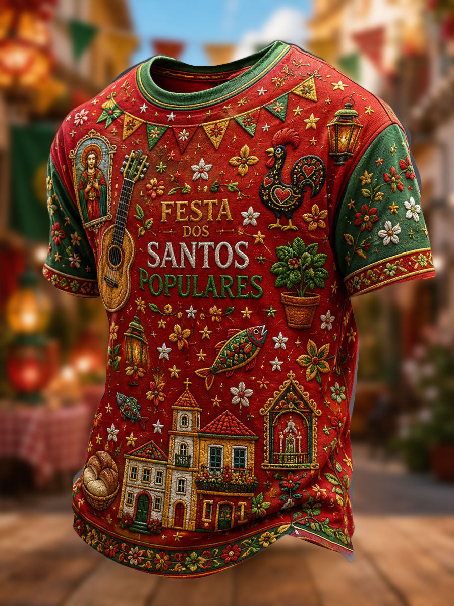 T-shirt masculina com estampa artística dos Santos Populares