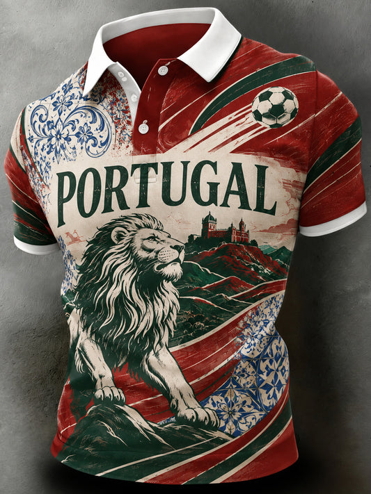 Camisa polo de manga curta com estampa artística temática de torcida para jogos de futebol da seleção de Portugal