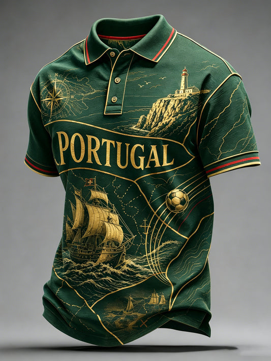 Camisa polo de manga curta com estampa artística temática de torcida para jogos de futebol da seleção de Portugal