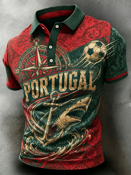 Camisa polo de manga curta com estampa artística temática de torcida para jogos de futebol da seleção de Portugal
