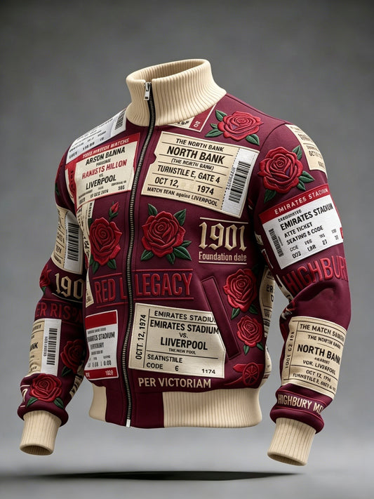 Men's Retro North LondonGlory Red Football Fan Sporty Stand Collar Jacket